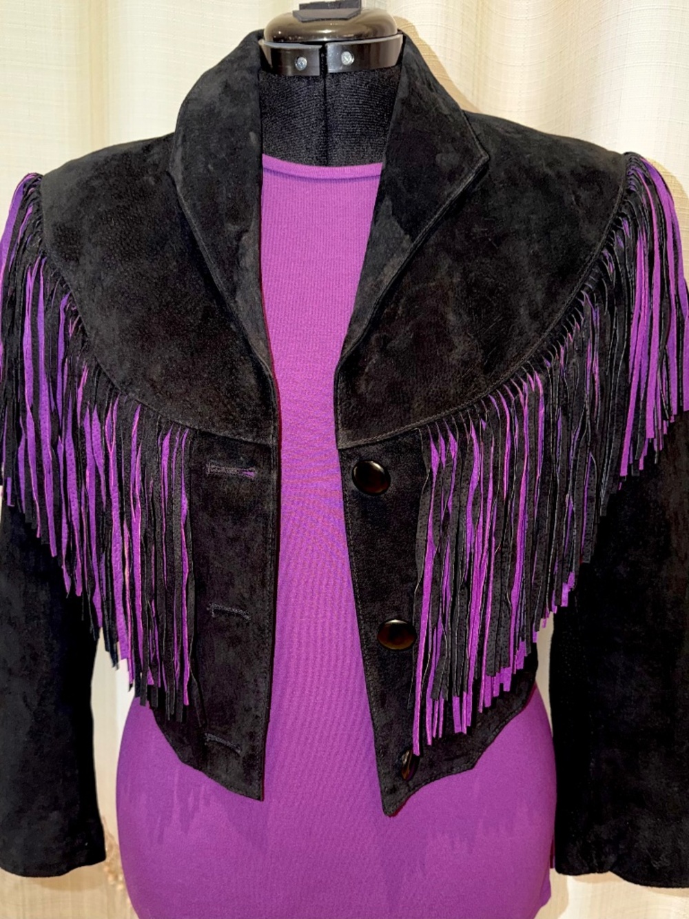 Adler Leather Black Suede Purple Fringe Cropped Western Jacket Vintage Medium